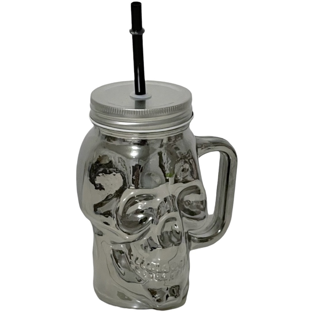 Nu silver gray glass skull mug with lid and straw Halloween cut 17oz